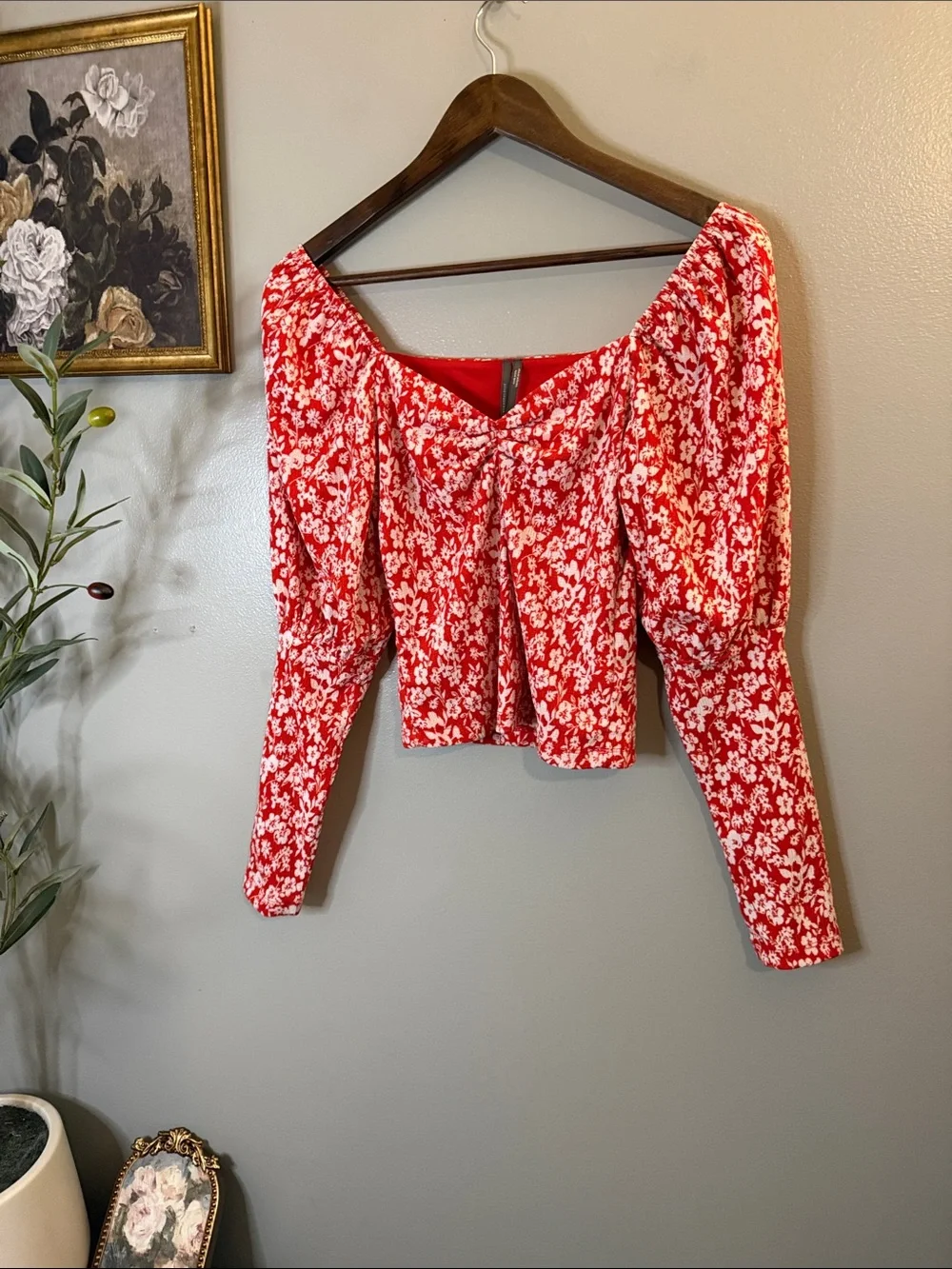 Anthropologie Red Floral Sweetheart Corset Crop Blouse XS Romantic Cottagecore - Picture 5 of 9